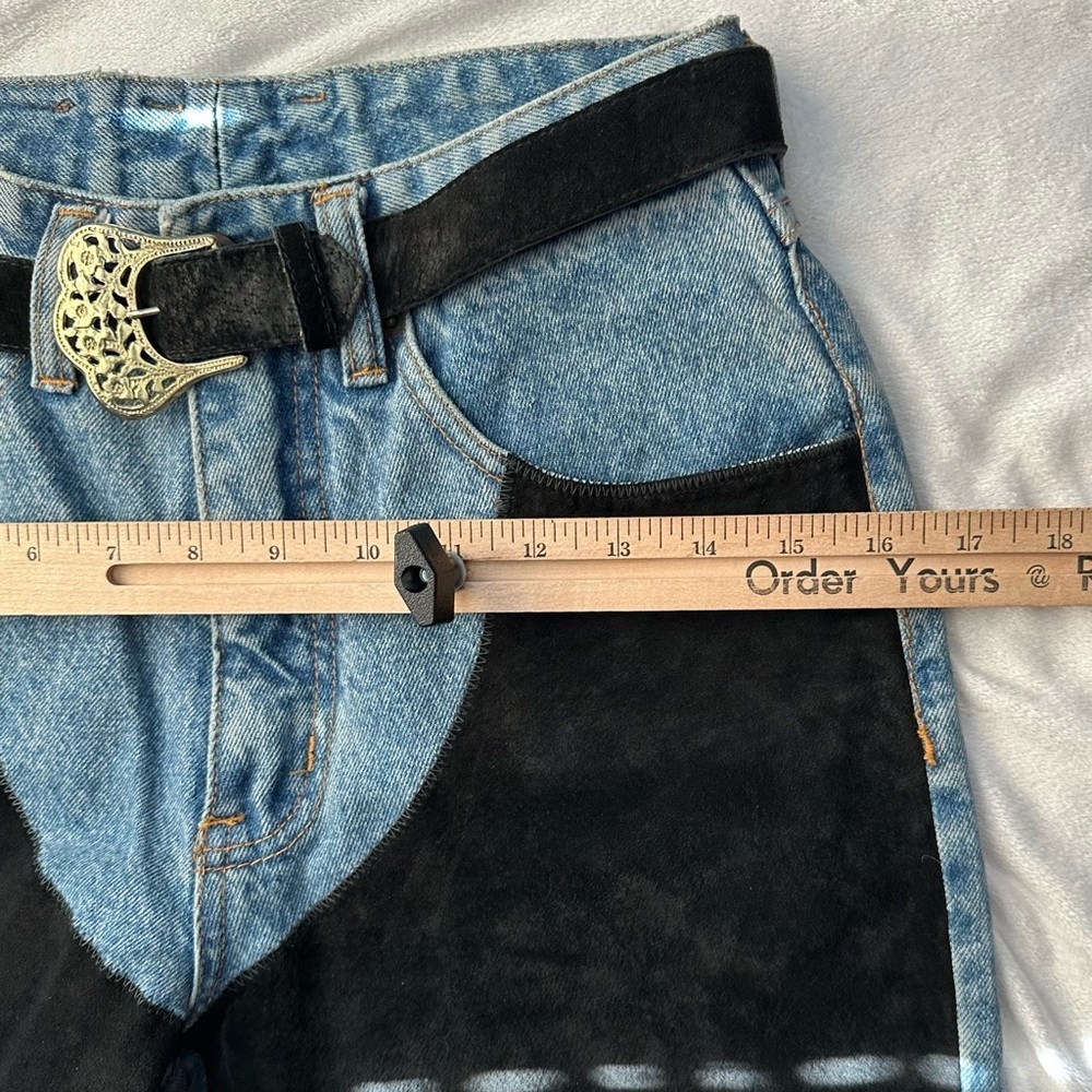 Vintage 80's PEPE Suede Chaps Patchwork Denim Jeans w/ Belt Jrs 7/8 Women’s 0/2 - Picture 5 of 11